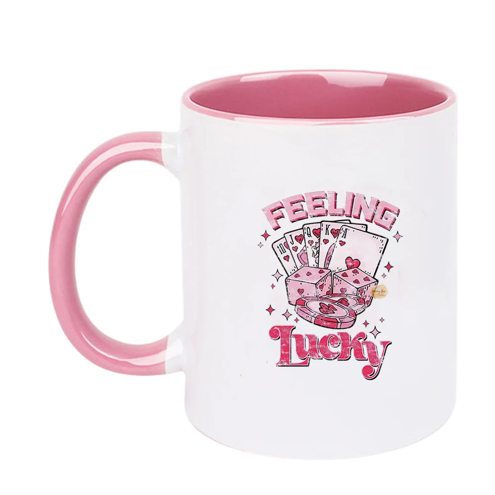 11oz Ceramic Coffee Mug with Feeling Lucky Poker Heart Print for Home Party Game and Valentine's Day Birthday Holiday Present Ch