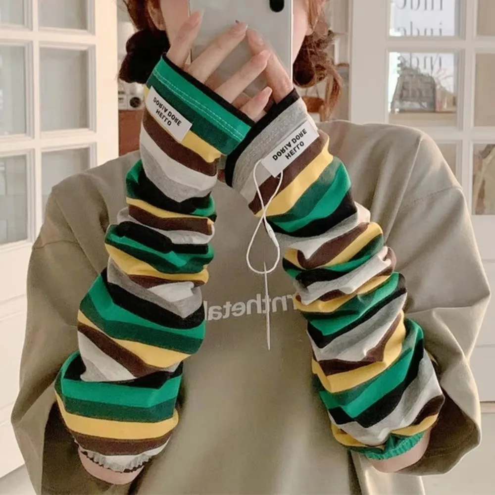 Y2k Color Strip Ice Arm Sleeve Loose Harajuku Stripe UV Protection Arm Gloves Long Anti-sunburn Ice Silk Sleeves Cycling