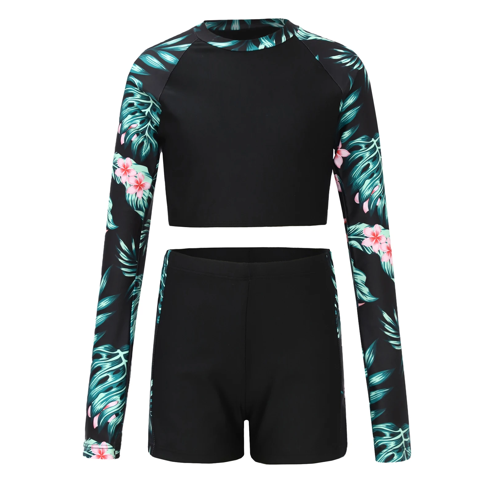 Kids Girls Rash Guard Swimwear Two Pieces Swimsuit Sun Protection Printed Long Sleeve Chest Pad Top And Shorts Beach Swim Outfit