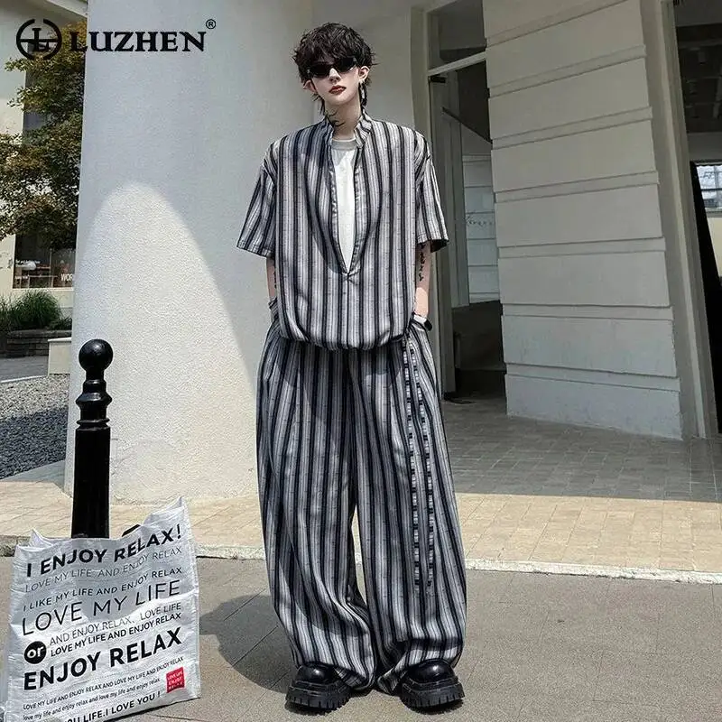 

LUZHEN 2026 Summer Stripe Printed Half Sleeve Stand Neck Shirts Men's Loose Straight Casual Pants Handsome Two-piece Sets JY6937