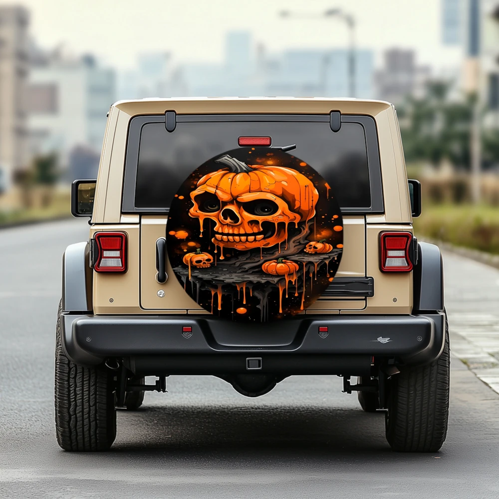 1pc 30/34 Inch Multi Functional Spare Tire Cover For Jeep Trailer RV Offroad Truck Camper Vehicles With Halloween Pumpkin Skull