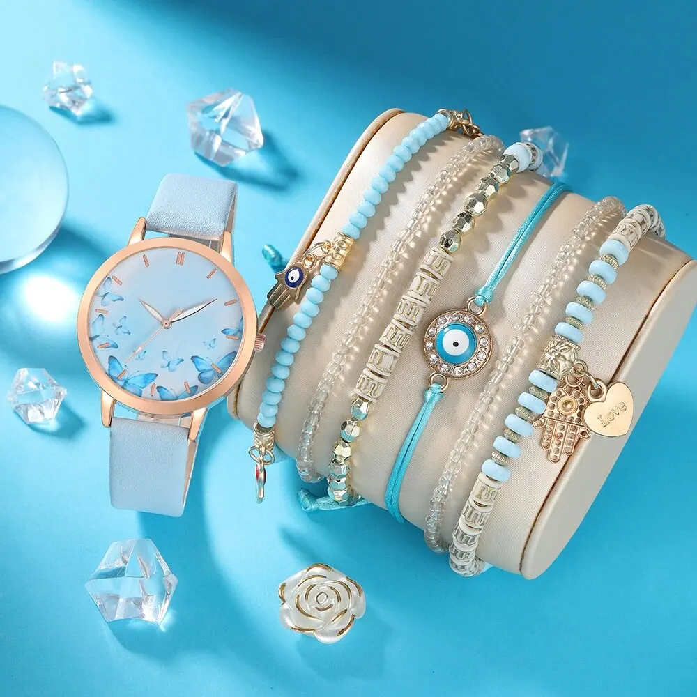 7pcs Women\'s Watch Set Fashion Casual Blue Butterfly Quartz Watch Fashion Casual Bracelet Watch Set