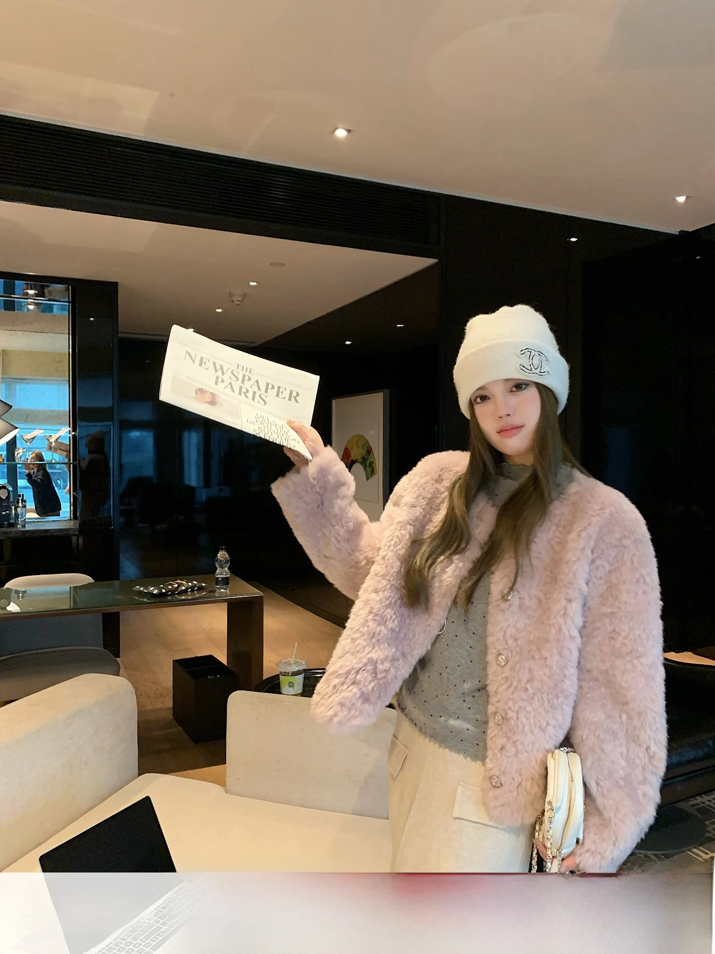 

Женский осенне-зимний свободный кардиган Anneop из розового меха и кожи, повседневный, с отложным воротником, из полиэстера