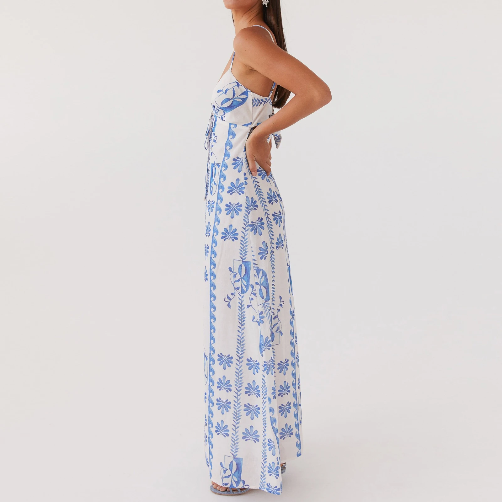 Vestido longo de verão com recorte nas costas, feminino, sem mangas, alça espaguete, amarração na frente, vestido solto