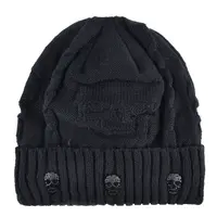 Gorros de invierno para hombre, gorro tejido con patrón de calavera de Color sólido con calaveras de Metal, gorros gruesos de punto para hombre, añadir terciopelo