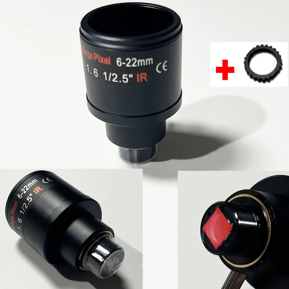 5MP M12-Objektiv, 6–22 mm, 1/2,5 Zoll, HD F1,6, CCTV-Video-Objektiv mit variablem Brennweitenbereich und Zoom für Überwachungskameras mit 650-nm-Filter + festem Gummiring, 1 Stück