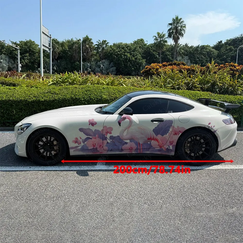 2pcs Flamingo And Tropical Flowers, Durable, Fade-resistant, Enhance Vehicle Aesthetics With Bold Artistic Design Car Vinyl Wrap