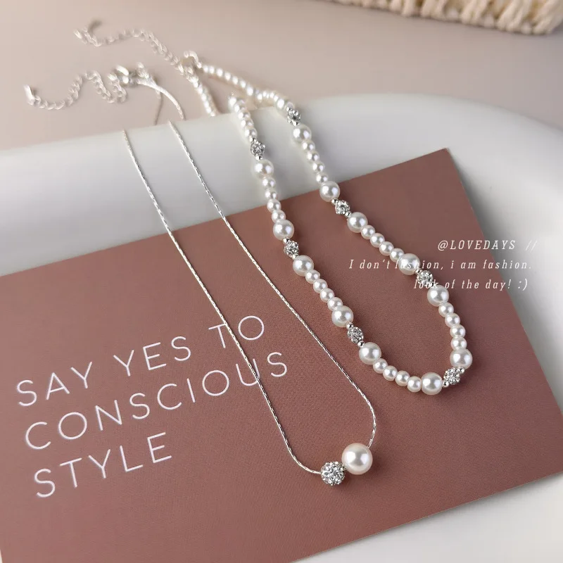 Faux Pearl and Rhinestone Ball Double Layer Choker Necklace for Women Premium Elegant Upgraded Unique Lightweight