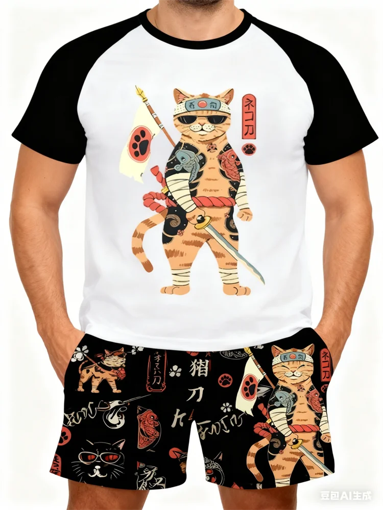 

3D Printed Samurai Cat Pattern Men's Short Sleeve Set Summer Loose Fashion Crew Neck T-shirt Shorts Men Two-piece Suit Clothing