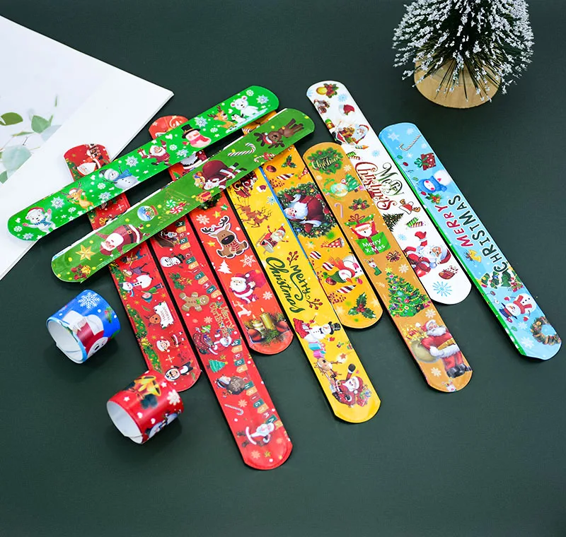 10pcs Christmas Slap Bracelets Snowman Santa Claus Elk Xmas Tree Printed Wristband Xmas Favors Gift New Year Party Decorations