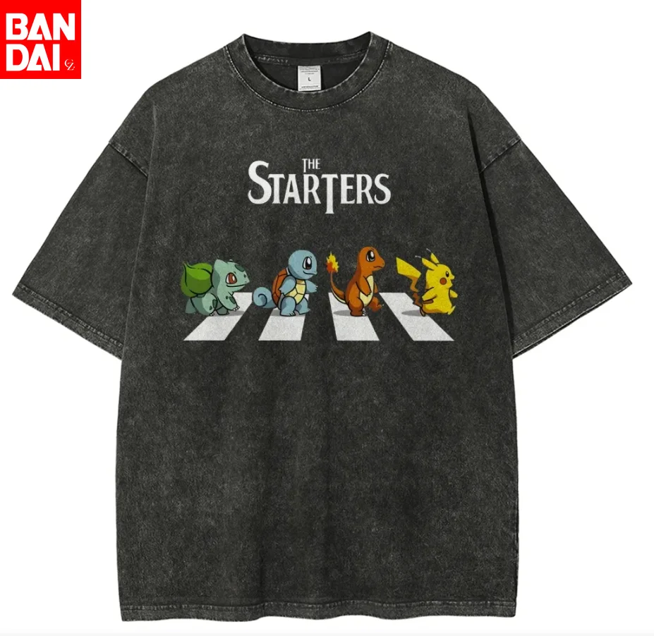 Pokemon The Starters Abbey Road Parodie T-Shirt Herren 2026 Sommer Vintage Acid Wash Übergroßes T-Shirt Anime Streetwear