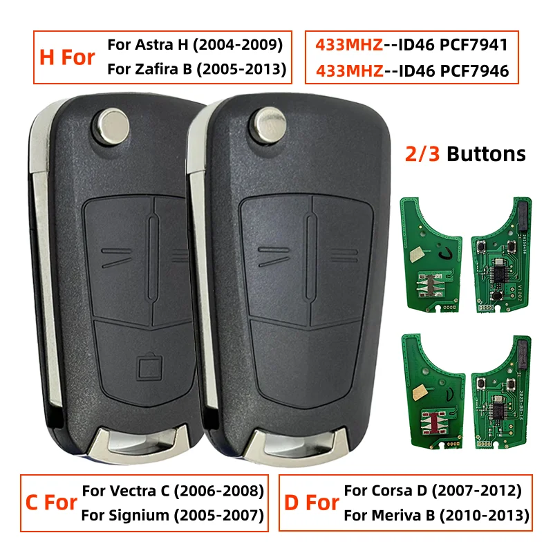 736-743-A 433MHz PCF7941 PCF7946 ID46 2 3 Button Flip Remote Car Key For Opel Vauxhall Astra H Zafira B Corsa D Vectra C Holden