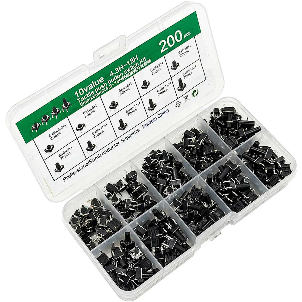 200PCS 10 Type  6*6 Light Micro Touch Switch Set Push Button Switch Kit Assortment Set DIY Tool Accessories 6x6 Keys Tact ON/OFF