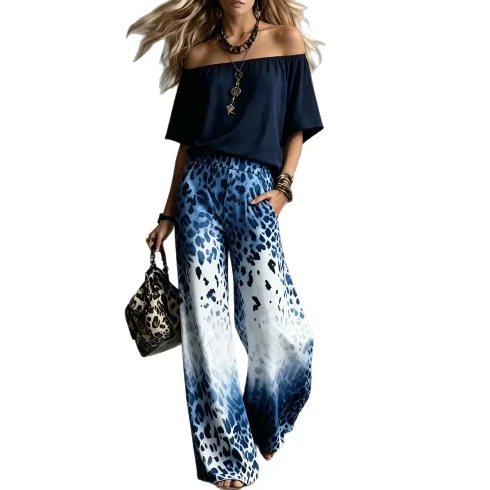 Women Off Shoulder Top Gradient Leopard Print Wide Leg Pants 2 Piece Set Loose Matching Set Ladies High Waist Elastic Waist