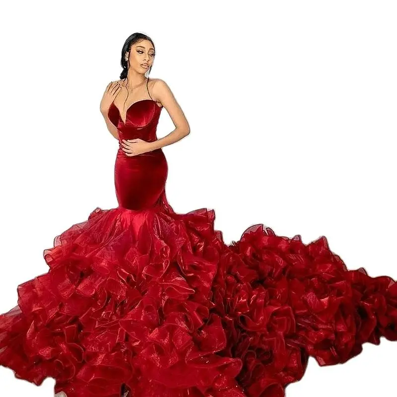 Sexy Mermaid Evening Dresses Sheer Crew Velvet Prom Party Dresses with Ruffles Tiered Sweep Occasion Gown Aso Ebi Customized