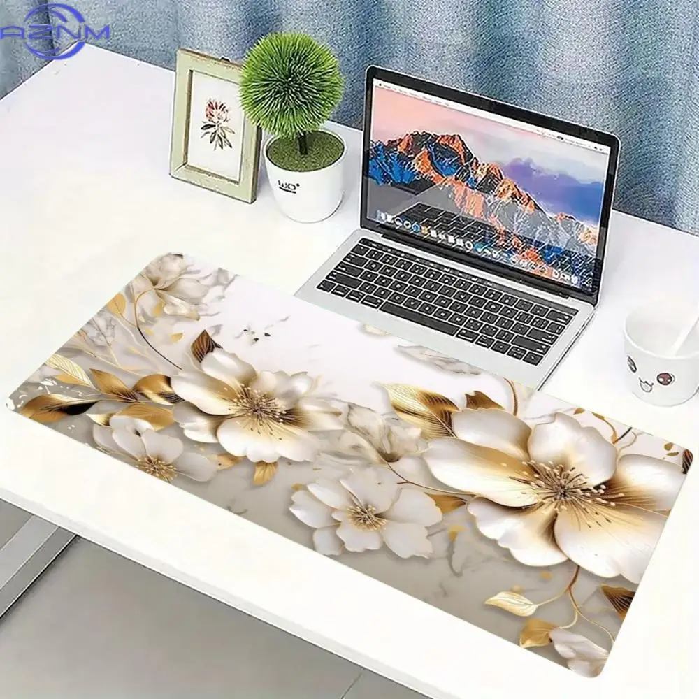 Luxury Golden Flower Large Gaming Mouse Pad Non Slip Rubber Keyboard Mat Stitched Edge for PC Laptop Office Gamer Workspace