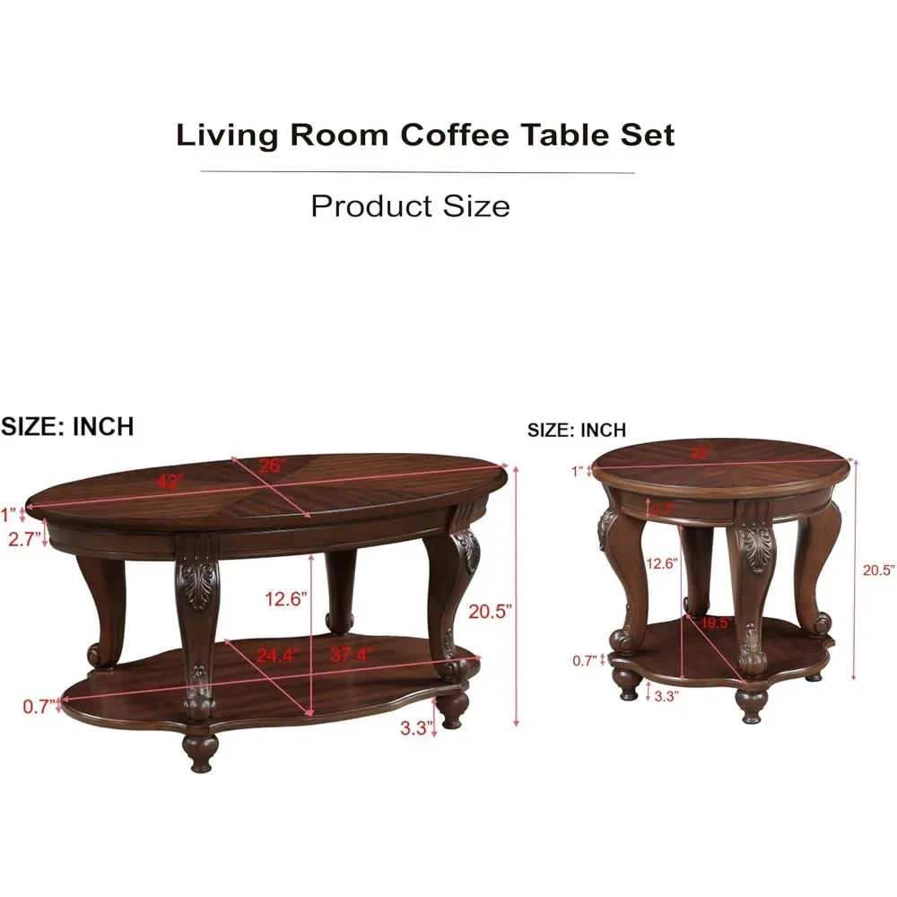 Solid Wood Coffee Table Set for Living Room, Coffee Table & 2 End Side Table 3-Piece Set with Open Storage for Office Apartment