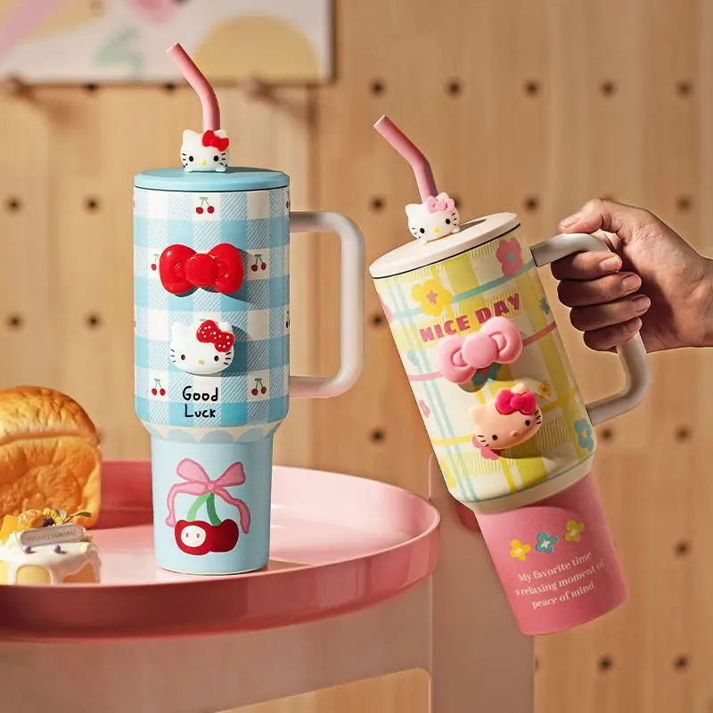 1200ml Hellokitty 304 Stainless Insulated Bottle Pink Blue Grid Coffee Cup Cold And Hot Tumbler Thermo Water Bottle Mug Gift