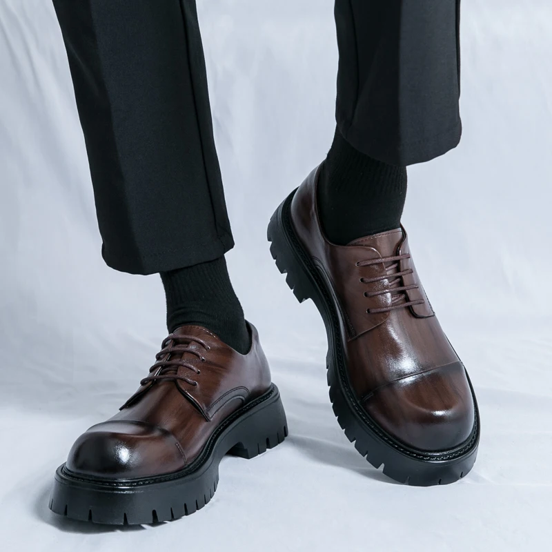 

Autumn Men Formal Wear Business High-end Feel Derby Shoes Round Toe Thick Sole Height Increasing Anti Slip Casual Shoes
