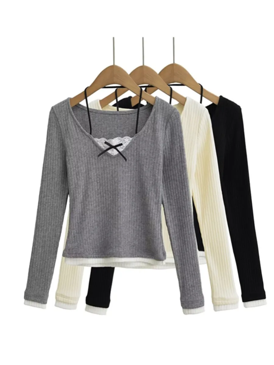 Cseta de Malha Fena de Manga Longa com Estilo de Balé, Detalhes em Renda e Laço Borboleta, Efeito de Duas Peças