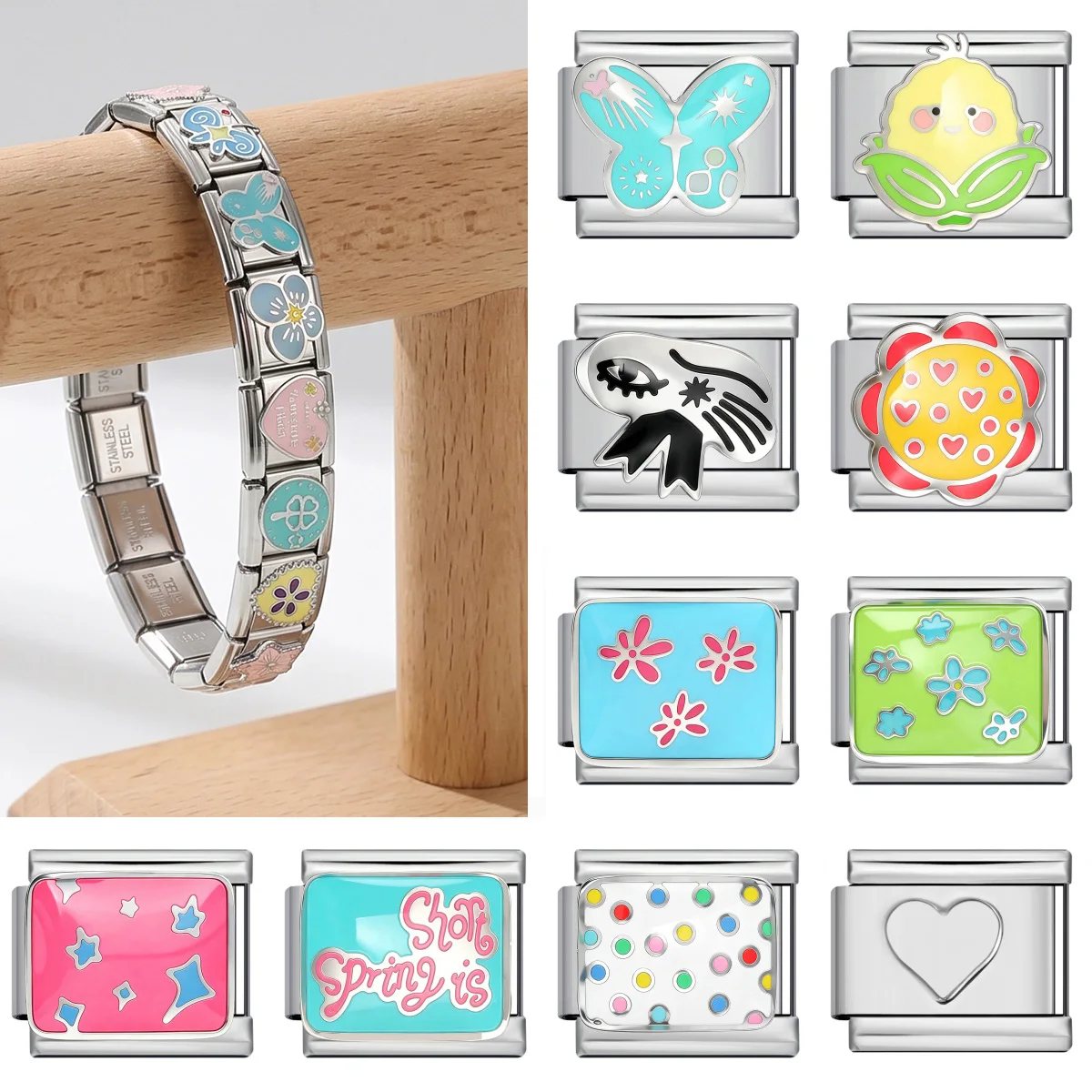 URING Buntes Emaille Trendiges Liebliches Stern-Herz-Design Italienische Gliederkette passend für 9mm Edelstahlarmband DIY Charm-Schmuckherstellung – Detail 1
