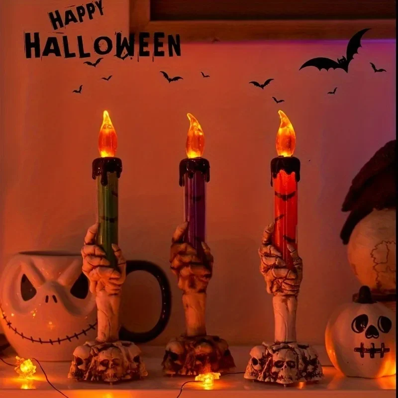 1-8PCS Handheld Skull LED Candle Flickering Flame Effect Battery Operated Gothic Decor for Halloween Haunted House