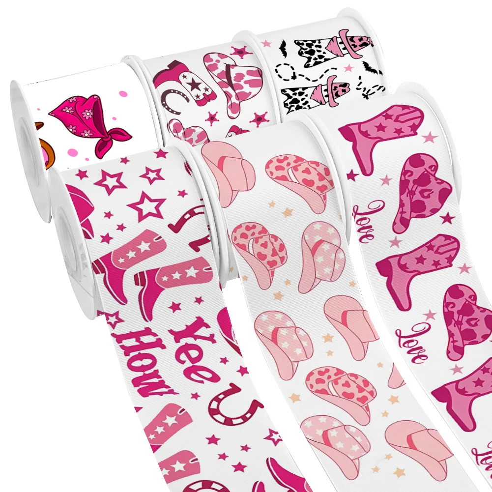 

Pink Cowboy Boots Design Pattern Printed Grosgrain Satin Ribbon for Gift Wrapping Hair Bow 50 Yards