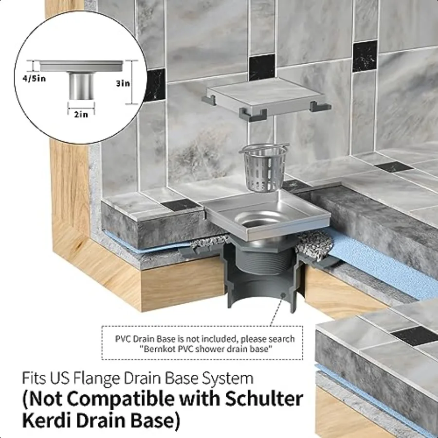 استنزاف دش مربع 6 استنزاف أرضي مصقول مع مصفاة شعر مبلطة 304 حمام من الفولاذ المقاوم للصدأ 2in1 مبلطة في استنزاف C