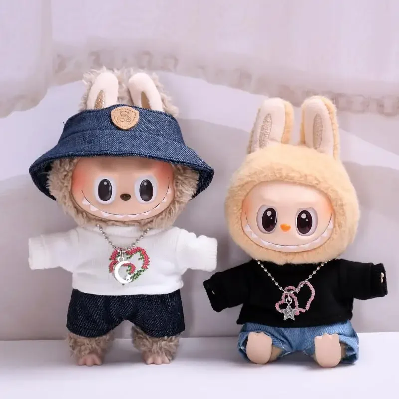 17cm Mini Plush Doll'S Clothes Outfit Accessories For Korea Kpop Exo Labubu Idol V1 V2 love T-shirt jeans set Clothing Gift