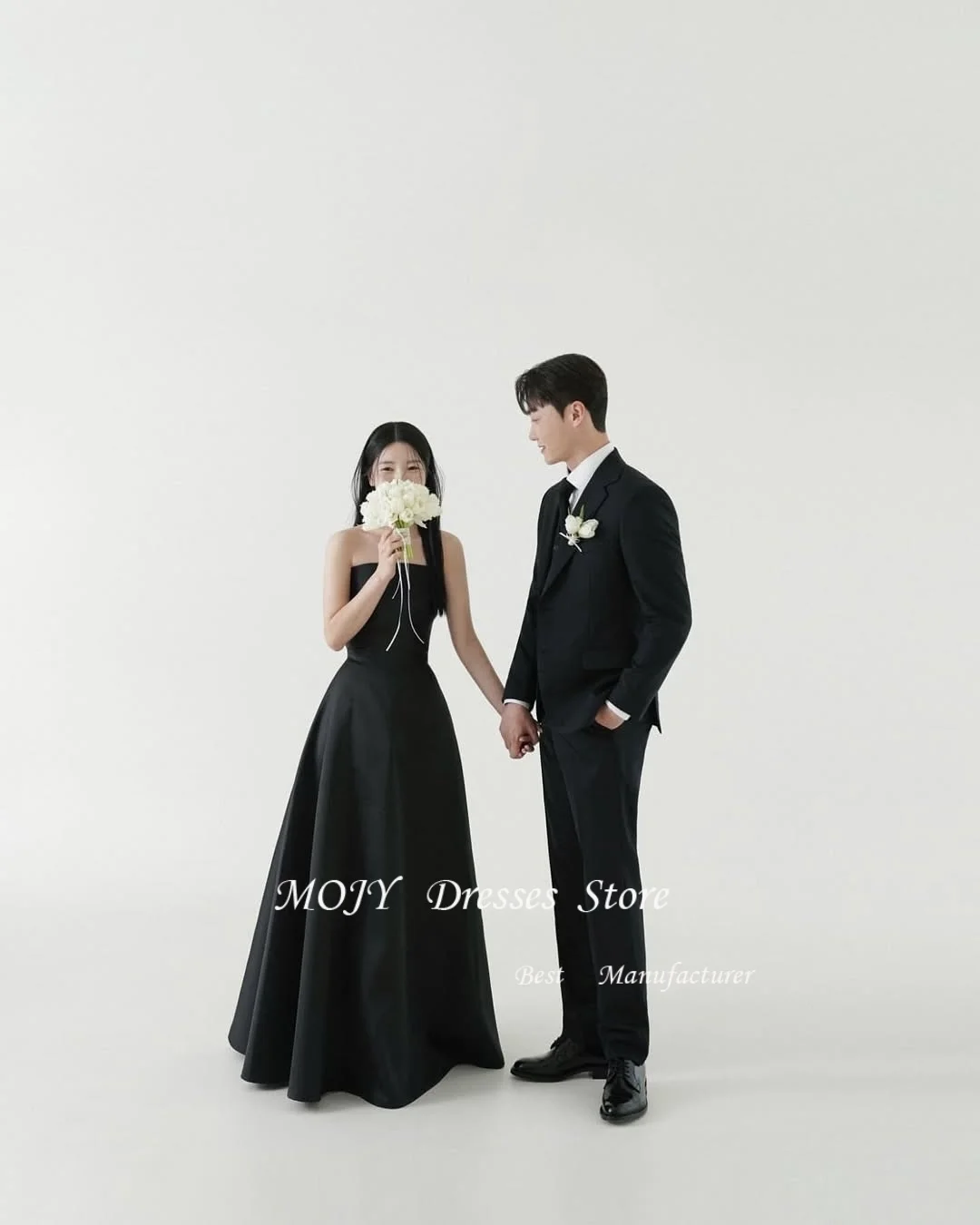 Mojy-vestidos de novia clásicos de satén sin tirantes, sexys, negros, elegantes, hasta el suelo, corte en A, vestido de novia sencillo personalizado