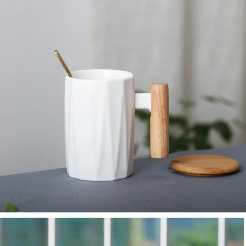 

Wooden Handle Ceramic Coffee Cup Creativity Personalized Mug Simple Teaware Cafes Espresso Cups Drinkware Mug With Lid Gift Bar