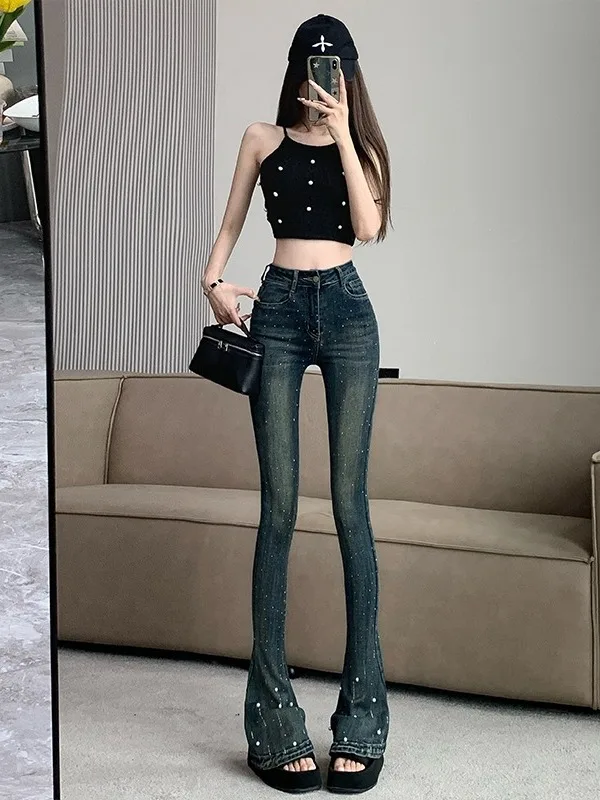 

Retro Blue Heavy Embellished Rhinestones Micro Flared Denim High Waist Elastic Hoof Pants Spring New Women's Fashion