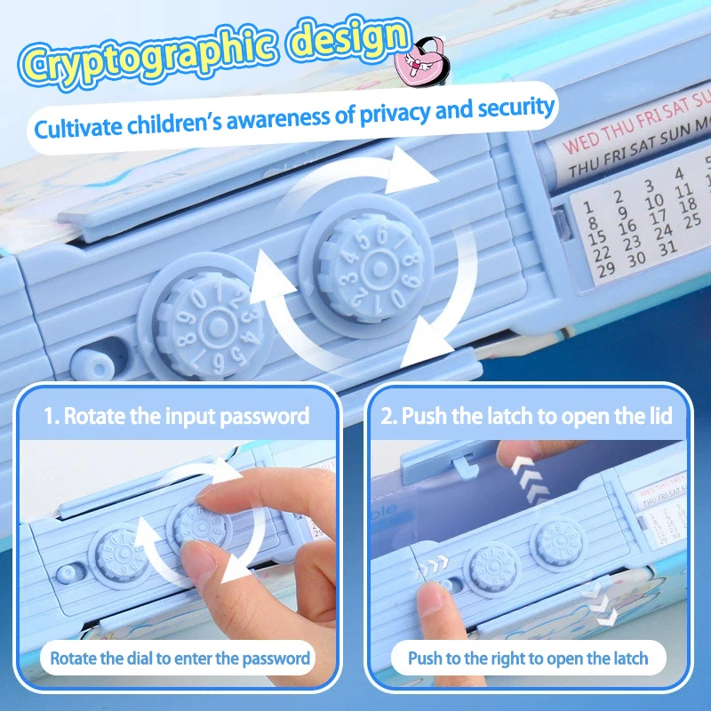 Astuccio per matite Kawaii Cinnamoroll Kuromi Melody Astuccio multifunzione a doppio strato con serratura codificata di grande capacità Cancelleria per studenti