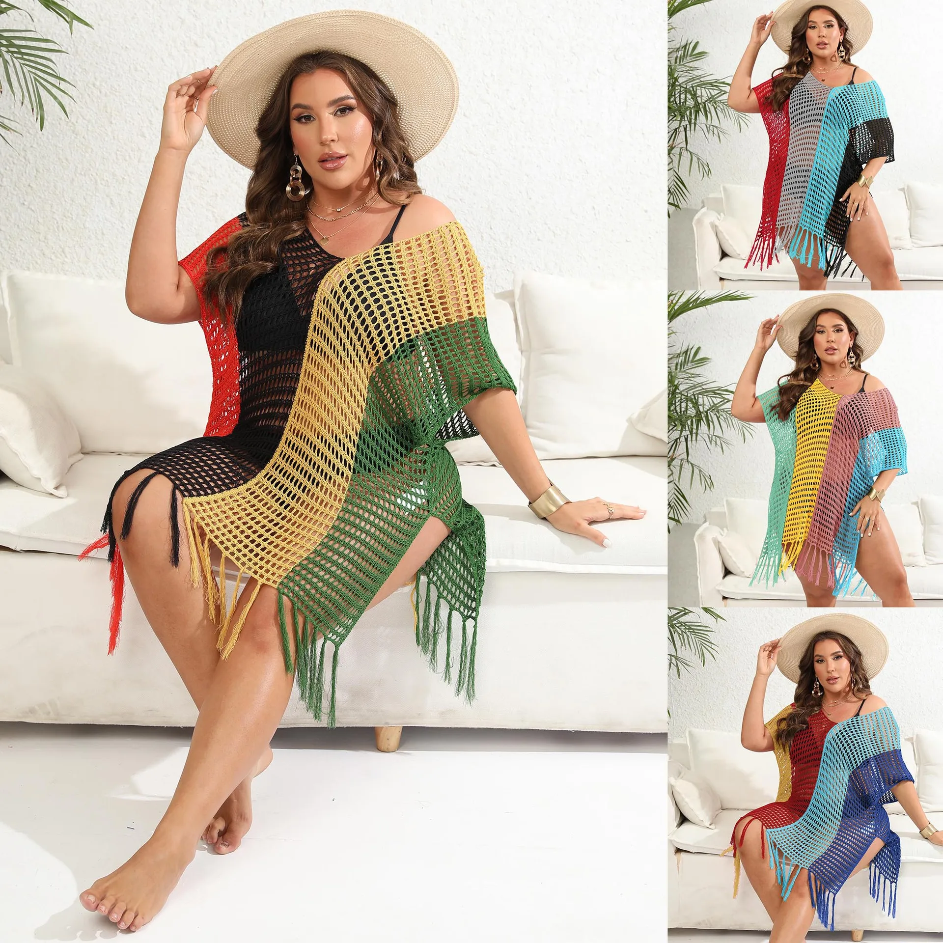Plus size 4 cores retalhos decote em v bikini cover-up sexy oco túnica vestido de verão com borlas vestido de praia de malha para mulher