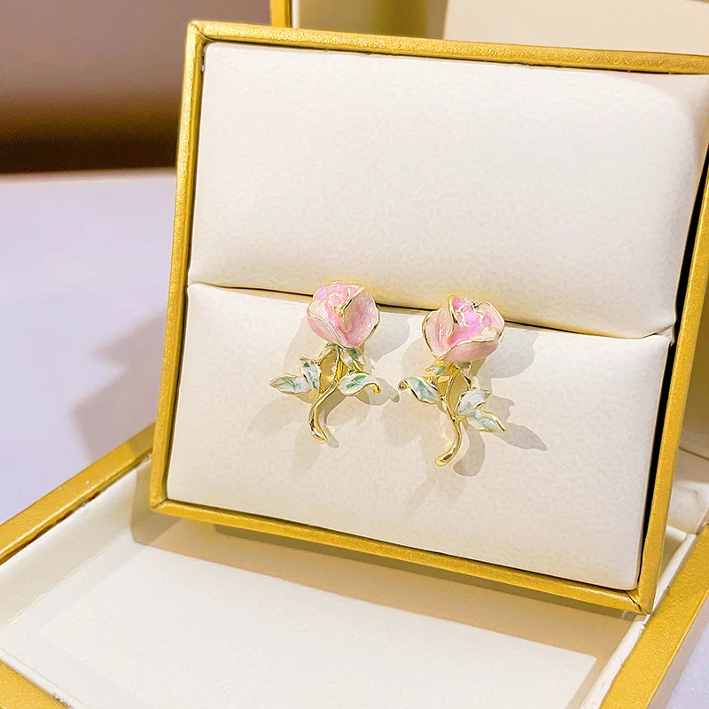 Rose Earrings Summer Female Pink Flower Earrings Niche Design Sense French Retro Enamel Ear Jewelry Explosion