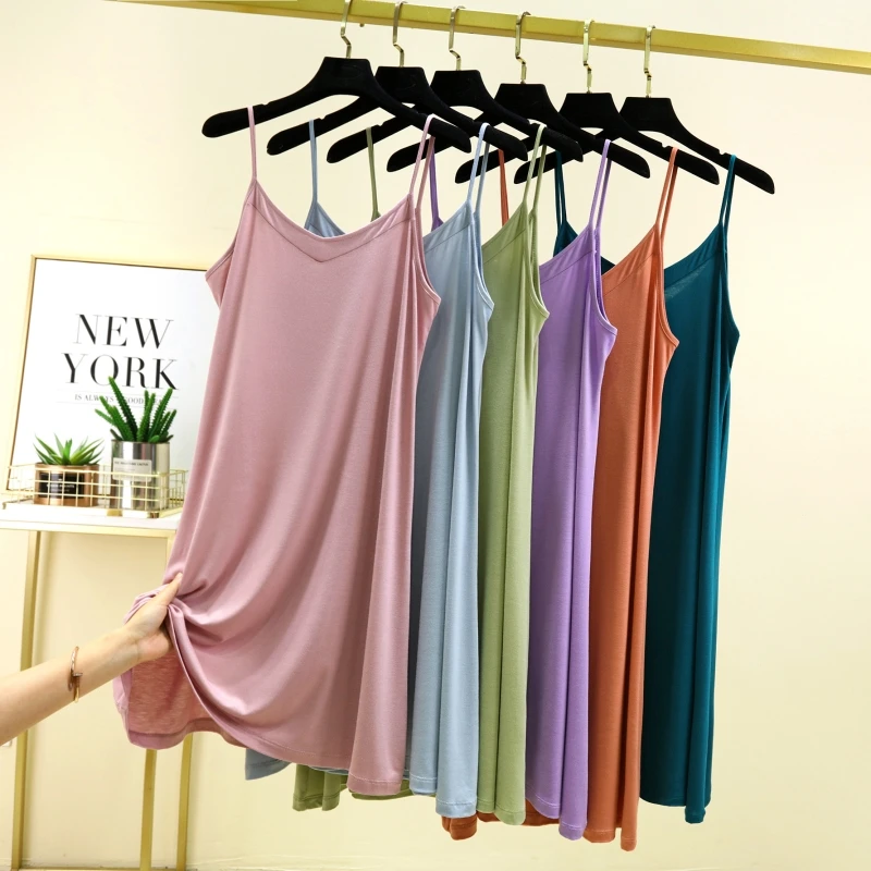 Modal Sleep Dress Women Summer Thin V-Neck A-Line Skirt Camisole Mid-Length Base Layer Pure Color Simple Style Youth Suitable