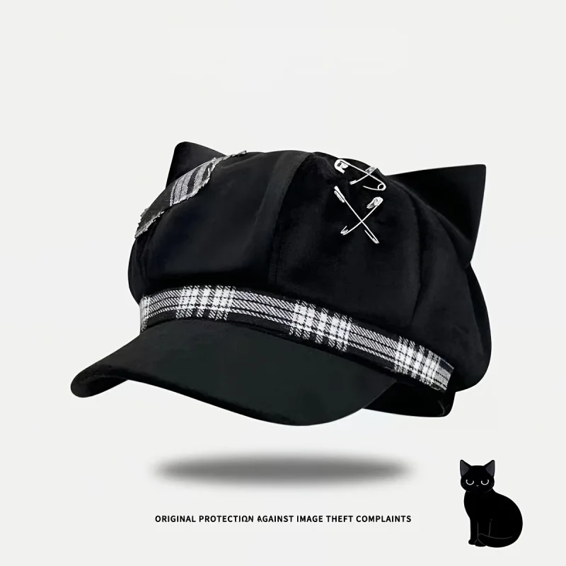 Cat Ear Octagonal Hat  for Women Punk Goth Octagonal Beret Autumn Black Subculture Alt Girl Streetwear Newsboy Cap
