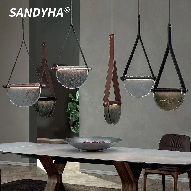 

SANDYHA Modern Leather Handmade Glass Chandelier LED Amber Industrial Style Pendant Light Bedroom Living Room Home Decor Lamp