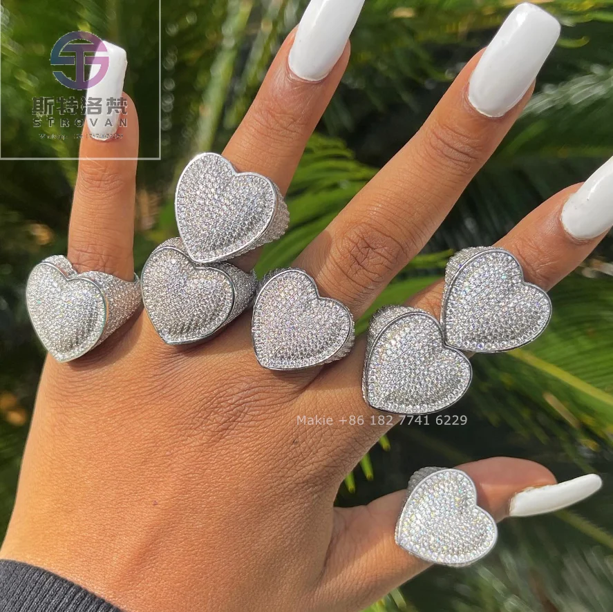 

Luxury Iced Out CZ Gold Big Heart Ring White Hip Hop 18k Gold Silver Plated Women Heart Rings