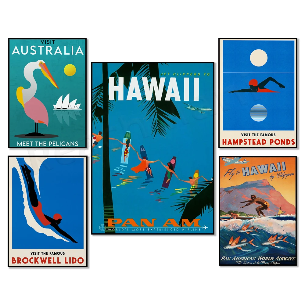 Hawaii Surfing Poster, Visit Australia Meet the Pelican Printable, Hampstead Swimming, Vintage Pool Diver Poster, Gift Idea
