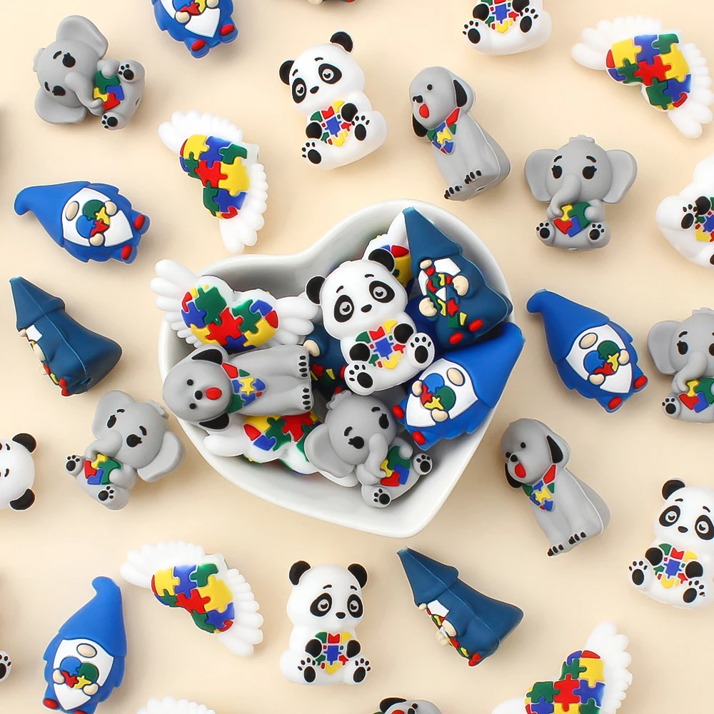 6/12pcs Autism Themed Silicone Beads Love Puzzle Design Animal Focal Bead DIY Keychains Jewelry Bracelets Necklaces Crafting Kit