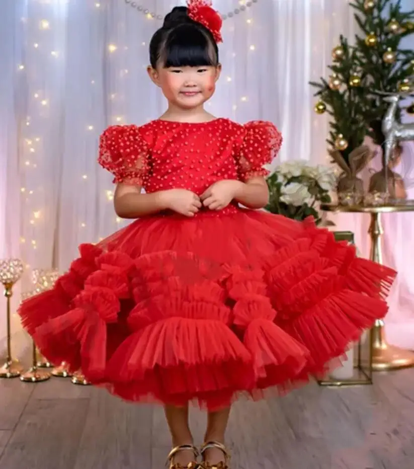 

Red Puffy Flower Girl Dress Lantern Sleeves Children Birthday Party Gown Princess Fashion Show First Communion Dress