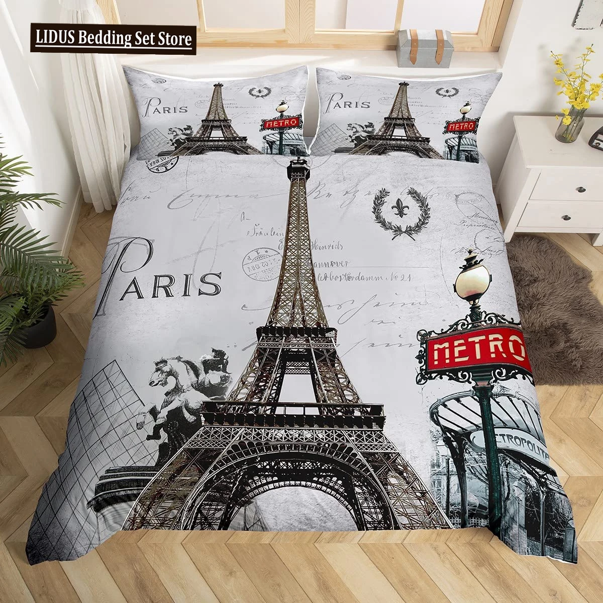 

Vintage Eiffel Tower Duvet Cover Set Modern 3D Paris Theme Bedding Sets World Famous City Landscape Comforter Cover Quilt Cover