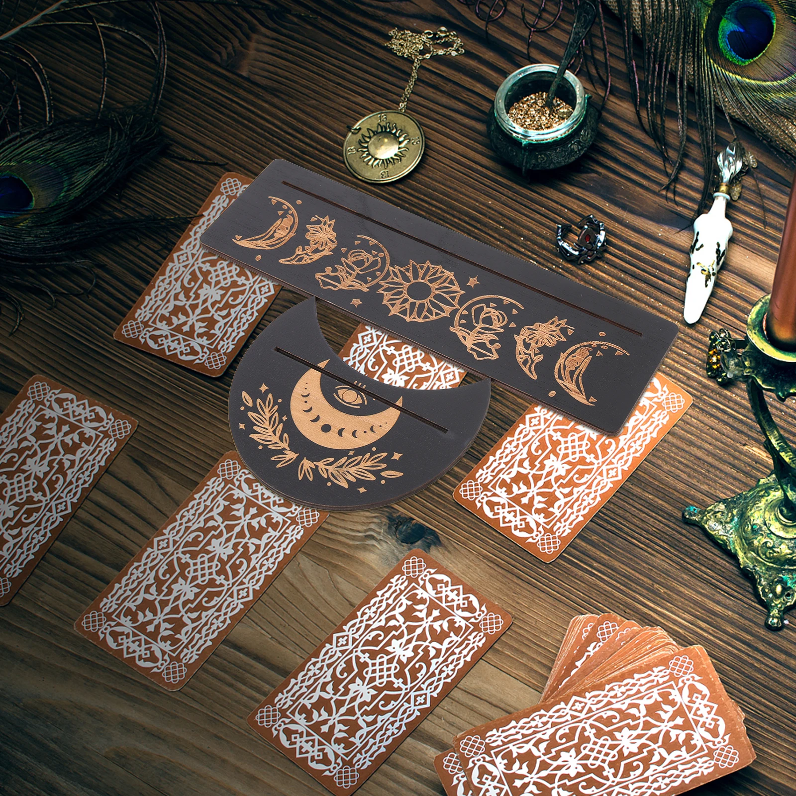 

Wooden Tarot Card Holder Display Bracket Moon Shape Decorative Tray for Home Bedroom Divination Accessory Wear Resistant ganizer
