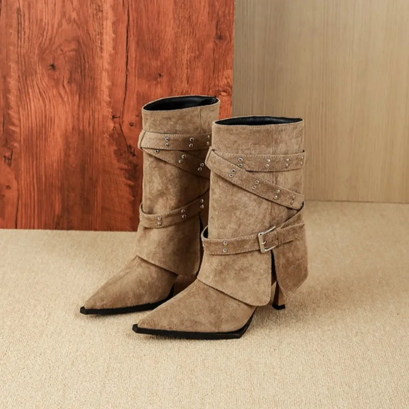 

Retro Women's Shoes Exquisite Suede Ankle Boots for Woman French Style Pointed Tip High Heeled Boots Designer Shoes Botas Mujer