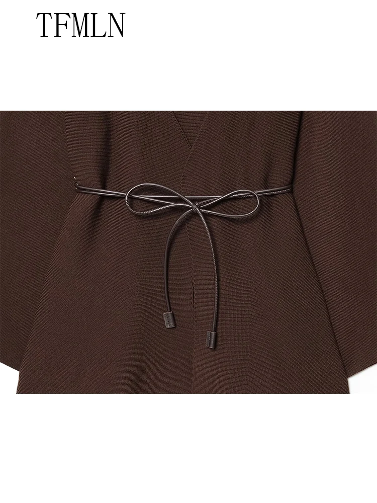 TFMLN 2025 الخريف المرأة محبوك البلوزات أنيقة الخامس الرقبة فضفاضة تريكو الزنانير سترة خمر الصلبة السببية أبلى القمم