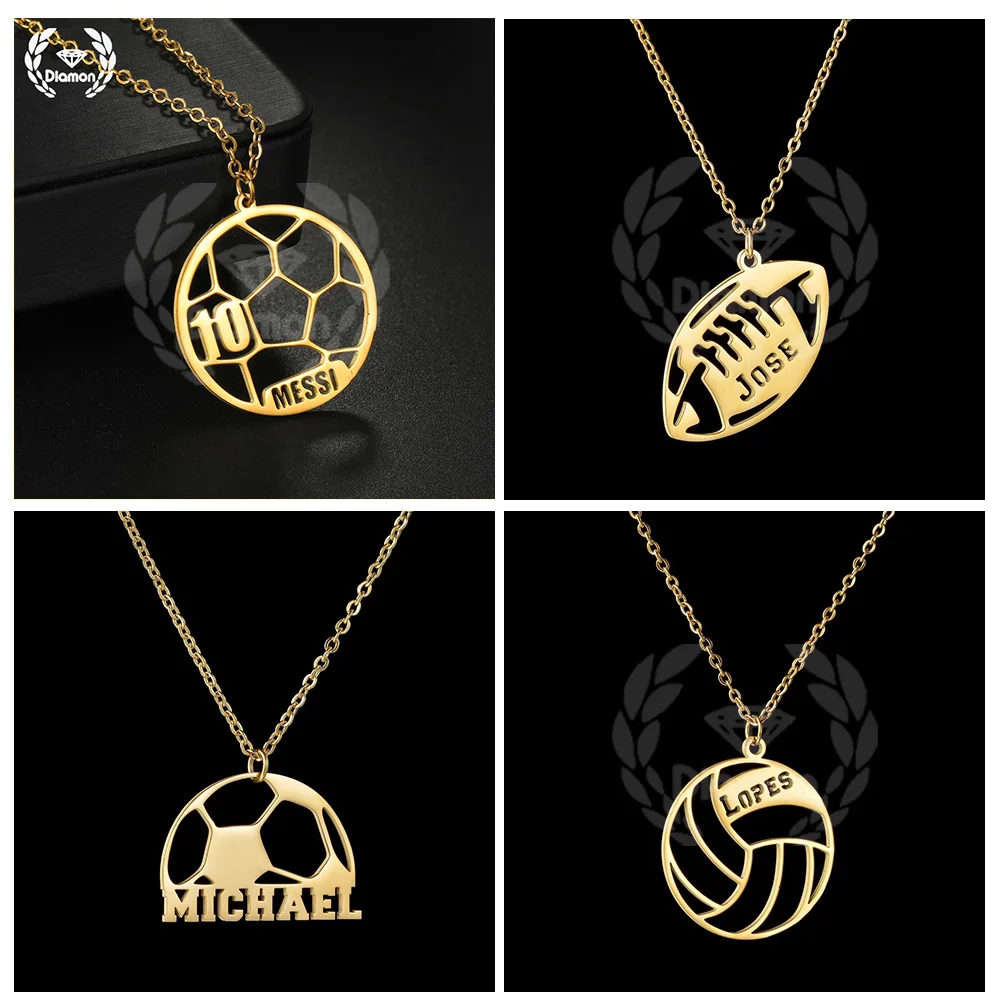 Diamon Sports Series Name Necklace Custom Soccer Ball Baseball Pendant Stainless Steel Jewelry Personalized Gift for Men Women