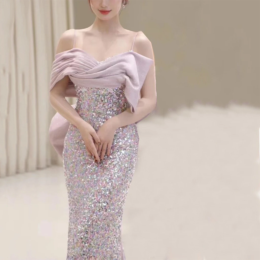 

Luxury Purple Sequins Mermaid Evening Dress Spaghetti Strap Women Detachable Train Sexy Slim Beading Fishtail Formal Prom Gowns