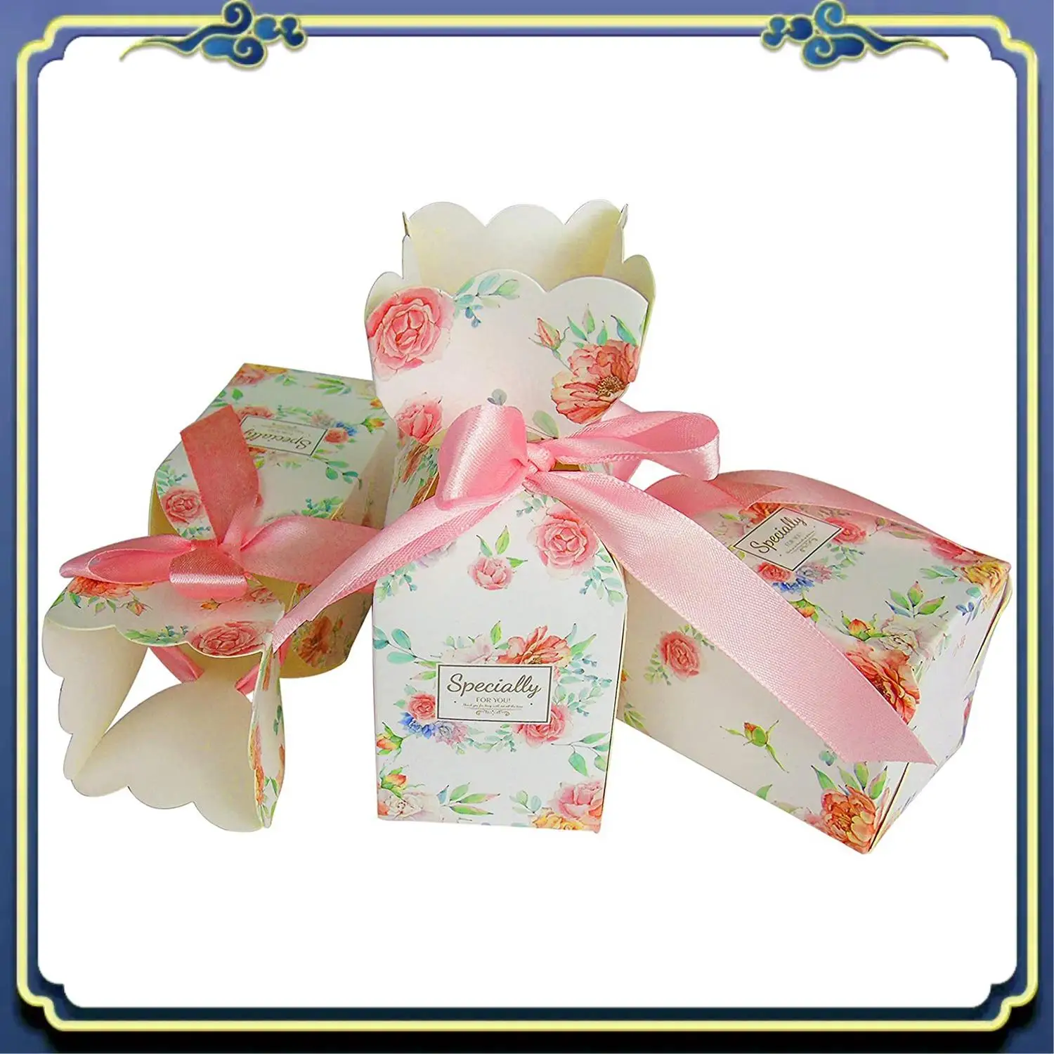Latest 50 Pcs Floral Pattern Candy Boxes Wedding Bridal Shower Baby Birthday Party Favor Gift Box With 50Pcs Light Pink Ribbon