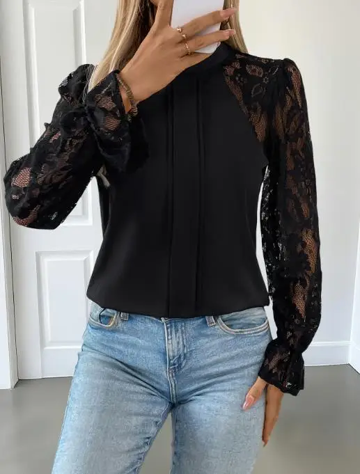 2025, neue Herbst Vielseitig Sexy Elegante Halb Hohen Kragen Einfarbig Spitze Langarm frauen Hemd